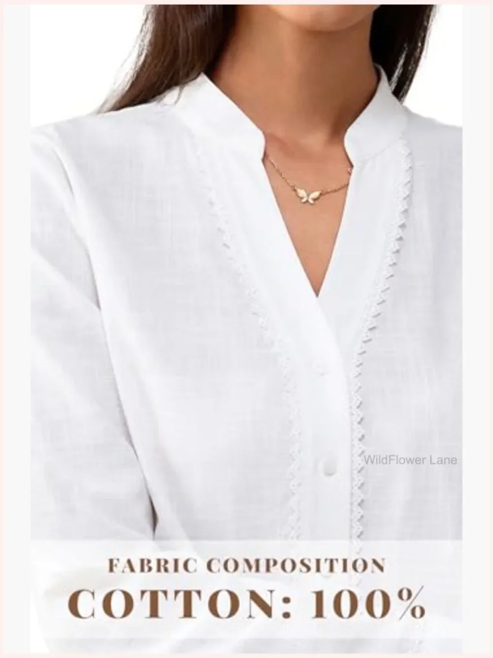 Long Sleeve Button Down Blouse with Lace Trim 100% Cotton Top
